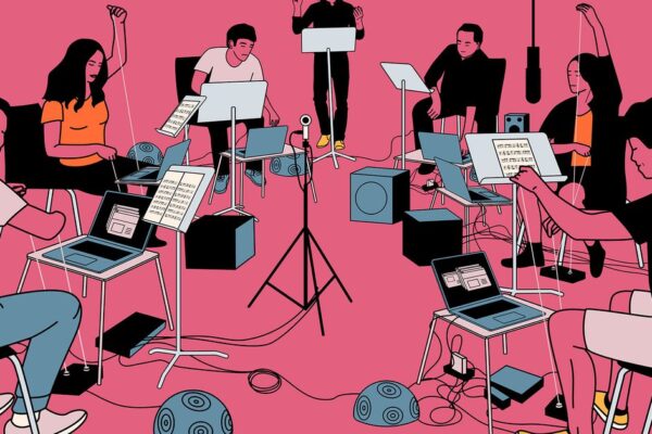 Cómo los humanos y la IA pueden hacer música juntos. An illustration of several people making music with laptops.