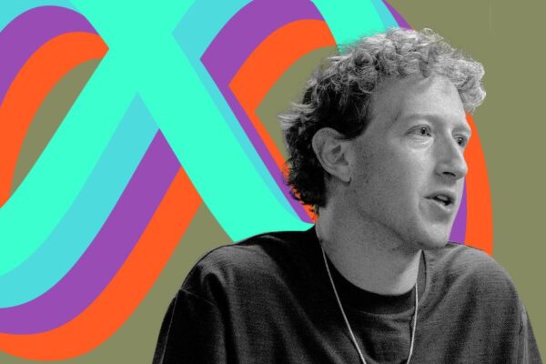 Meta solicita al procurador general de California que bloquee el cambio de OpenAI de organización sin fines de lucro a con fines de lucro. Graphic collage of Mark Zuckerberg.