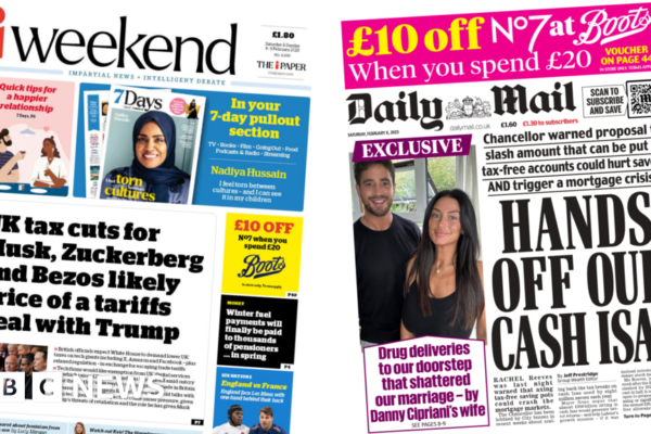 “Recortes fiscales en el Reino Unido para gigantes tecnológicos” y “Manos fuera de las ISAs”. 'UK tax cuts for tech giants' and 'hands off ISAs'